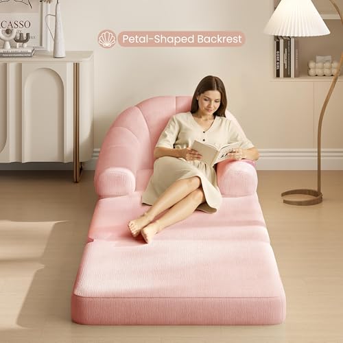 Yaheetech 93" Folding Sofa Bed Convertible Sofa Chenille, Pink | Foldable Sofa Bed Convertible Chair Sleeper Chenille Couch with Handle, U-Shape Support for Living Room, Bedroom, Apartment - color: Pink