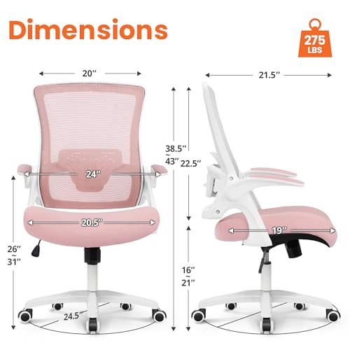 NEO CHAIR Office Desk Chair High Back Mesh Chair Adjustable Lumbar, Pink | Ergonomic High-Back Design with Breathable Mesh, Flip-Up Armrests, Comfortable Support for Home office or Computer Work - color: Pink