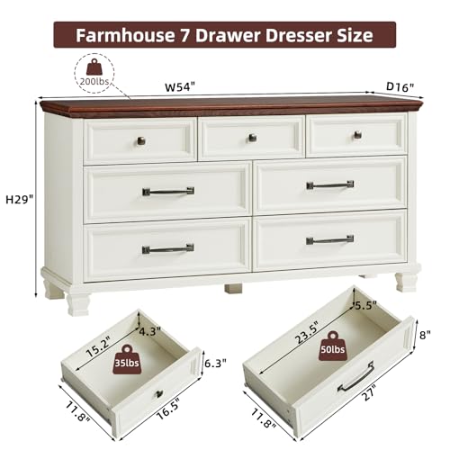 Farmhouse 7 Drawer Dresser for Bedroom, White | 54” Wide Horizontal Dressers & Chests of Drawers with Reinforced Top & Square Wooden Legs - color: White, size: 16"D x 54"W x 29"H (7 Drawers)