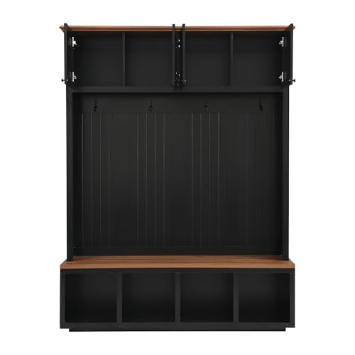 76.7''H Farmhouse Hall Tree with Storage Cabinet & Bench, Black - color: Black, size: 59”W x 15.7”D x 76.7”H