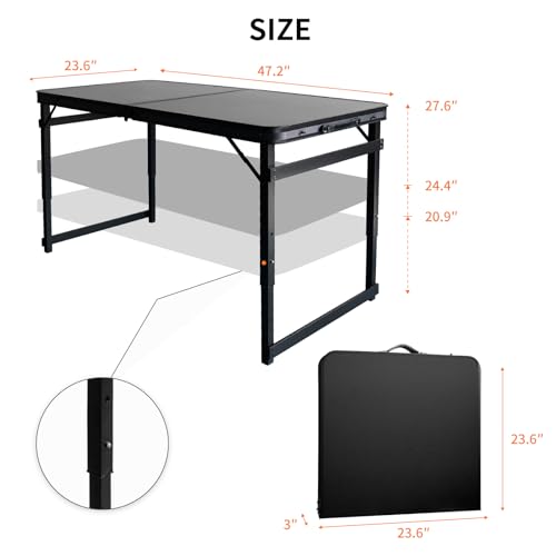 Folding Camping Table, Black Aluminum Frame,3-Position Adjustable Height,Lightweight Carry Handle, Portable for Travel, Camping Outdoor Use, 4FT x 2FT(Large), Black - size: 4 ft x 2 ft × 2.3 ft H