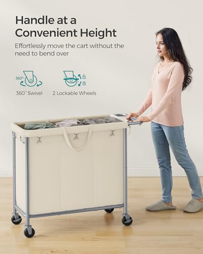 SONGMICS Laundry Basket with Wheels, 3-Section Rolling Laundry Hamper, 52.8 Gallons (200 L), Removable Liner, Steel Frame with Handle, 35.8 x 15.4 x 31.9 Inches, Cream White URLS005W01 - color: Cream White, size: 200 L (3-Section)
