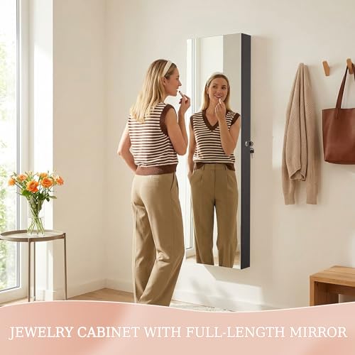 Unisakey Mirror Jewelry Cabinet,Lockable Wall or Door Mounted Jewelry Armoire Organizer With Built-up Mirror,LED Lights, Drawers,Cosmetic Trays,Shelves, 14.4"x3.15"x 43.1"(Black) | Door or Wall Mount Flexible,Drawers Cosmetic Trays Shelves Inside,Built-in