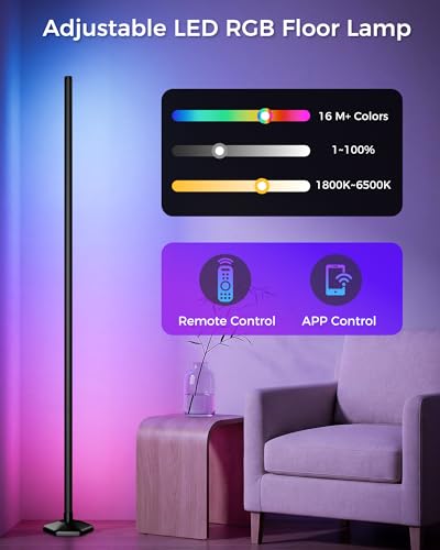 Corner LED RGB Floor Lamp, Smart Dimmable Corner Light with Music Sync, Color Changing Ambient Lighting with App and Remote Control, for Bedroom, Living Room Gaming Room - color: 1 Pack