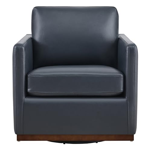 CHITA Genuine Leather Swivel Chair, Wood Frame, Fully Assembled, Navy | Leather Arm Chair with 360° Swivel Solid Wood Base, Mid Century Modern Living Room Chair, 33"Dx30"Wx33"H, 300 Lb Capacity - color: Navy