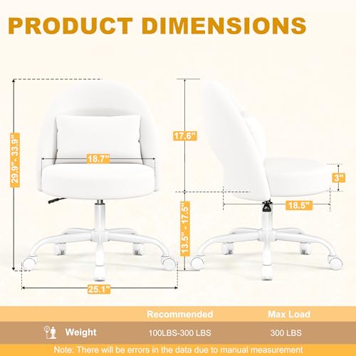 Misolant Vanity Chair with Back, Armless Cute Office Chair with Wheels for Girls, Teddy Fleece Fabric Small Desk Chairs with Adjustable Height, Lumbar Support Pillow, 360°Swivel for Makeup Room, White - color: White