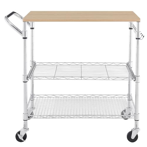 3 Tier Rolling Kitchen Cart with Wood Tabletop, Kitchen Island Carts with Wheels & Slider Shelf, Microwave Cart on Wheels, Coffee Cart with Hooks, 35.4" L*18.1" W*31.9" H,Wood+Chrome - size: 35.4"L*18.1"W*31.9"H with Slider Shelf