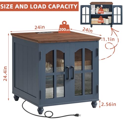 RWYHG Farmhouse 24" End Table with Charger, Glass Barn Door, Blue | USB Ports, Solid Wood Legs, Adjustable Storage Shelf, Square Bedside Table for Living Room,Bedroom - color: Blue, size: Set 1