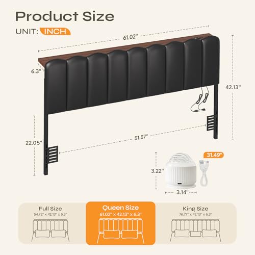 Queen Aurora Light Headboard with Storage Shelf, Black | Aurora ceiling projector, scalloped tufted design, USB-A & Type-C ports, storage shelf, adjustable height, foam padded - color: Black-with Aurora Light, size: Queen