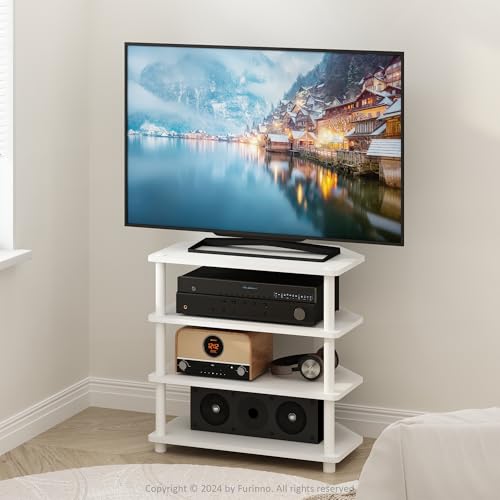 Furinno ECON TV Stand, 4-Tier Corner Petite Entertainment Center, Open Frame TV Console for TV up to 32 Inch, Easy Assembly, for Living Room, Bedroom, White - color: White/White, size: For 32"TV, Corner 4-Tier