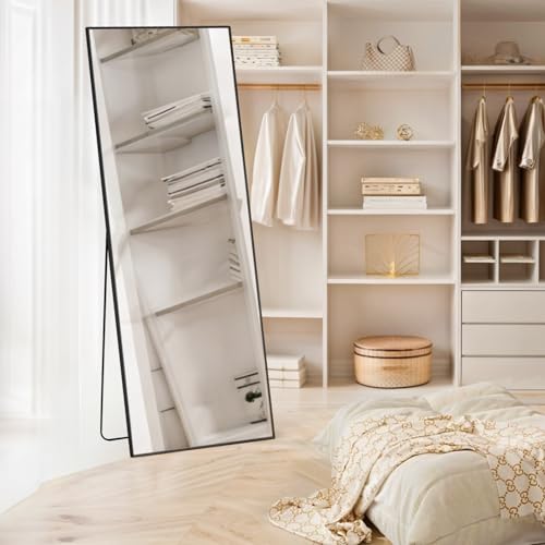 Mirror Full Length, 21"x64" Body Wall Mirrors with Shatter-Proof Glass, Floor Standing, Hanging or Leaning, Large Tall Mirror with Stand Aluminum Alloy Frame for Bedroom Cloakroom - color: Black, size: 64"L x 21"W, style: Rectangular