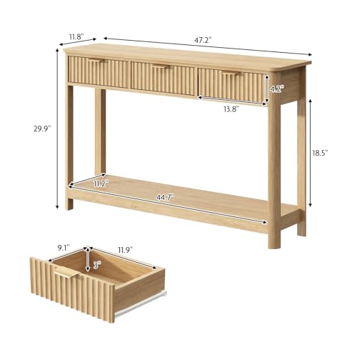 Fluted Console Table with Drawers, 47.1" Entryway Table, Natural | with Storage Shelf, Modern, Narrow Skinny, Behind Couch Wood Sofa Table, for Living Room Hallway Entrance Foyer - color: Natural, size: 1 Pack