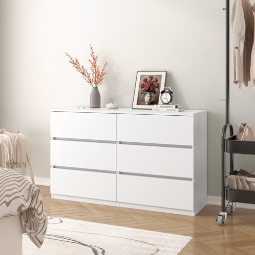 furtble 6 Drawer Dresser for Bedroom, Modern White Chest of Drawers No Handles Large Storage, Wood Dressers with Wide Drawers for Closet, Living Room, Home Office(43.3" W x13.4 Dx 26.4" H) - color: White, size: 13.4"D x 43.3"W x 26.4"H (6 Drawers)