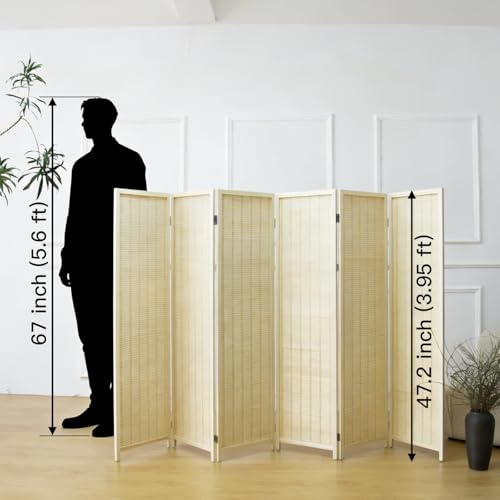 6 Panel Short Room Divider Screen,Beige Freestanding Partition,Small Bamboo Panel Divider for Room Seperation,3.95 FT Tall - color: Beige, size: 6 Panel