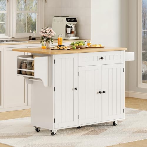 GRUSIGN Kitchen Island with Storage, 41.7" Rolling Cart with Drop Leaf, Portable Island Table on Wheels, Spice Rack, Towel Rack and Drawer, White, 41.7" L x 29.5" W