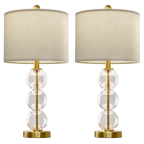 25" Glass Table Lamps Set of 2, Gold Modern Table Lamps with USB Ports for Living Room, Linen Shade Bedside Lamps for Bedroom, Nightstand, Side Table (Bulbs not Included) - color: Gold