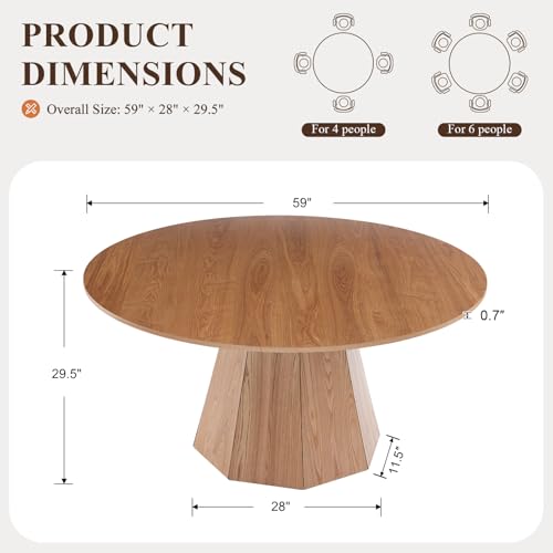 BESTANO 59" Round Dining Table for 4-6 People, Kitchen Dining Room Table with Wooden Pedestal Base, Circle Dinner Pedestal Dining Table for Dining Room (Table Only), Brown - color: Brown, 59” Round