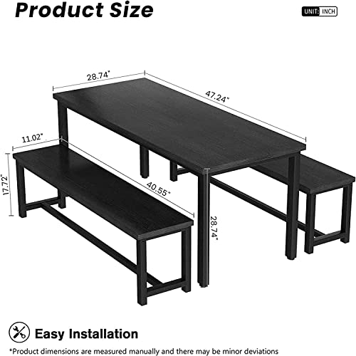 Dining Room Table Set with 2 Benches, Farmhouse Dining Table Set for 4-6, Wood Breakfast Table Set Dinner Table Set Kitchen Table and Chairs for Breakfast Nook Small Spaces, Black - color: Dark