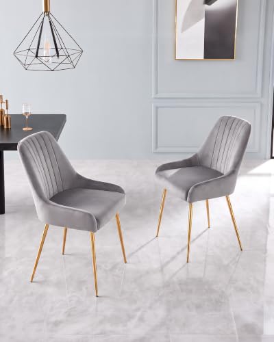 Grey Velvet Dining Chairs Set of 2, Modern Kitchen and Vanity Chairs | Modern upholstered vanity chairs with gold metal legs, stain-resistant hand-quilted fabric, high-density foam cushion seat - color: Grey, size: Set of 2