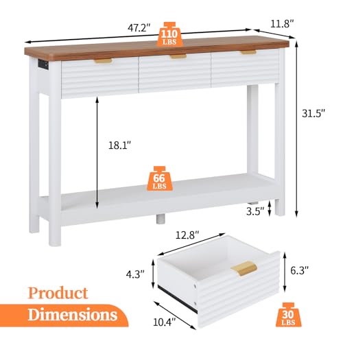 Fluted 47.2" Console Table with Outlets and USB C, Narrow Entryway Table with 3 Drawers, Modern Farmhouse Wood Sofa Table Behind Couch for Living Room, White & Walnut - color: Entryway Table-white