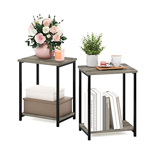 2-Tier Set of 2 Modern End Table with Metal Frame, Open Shelf Night Stand, Easy Assembly Side Table, Bedside Table, for Bedroom, Living Room, French Oak - color: French Oak, size: 2 Tier, Set of 2