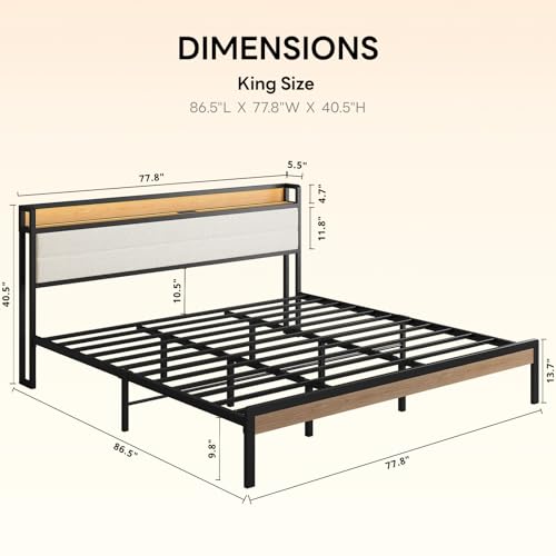 LIKIMIO King Size Bed Frame with Headboard, LED Lights and Charging Station | Upholstered sherpa storage headboard with LED & charger; heavy-duty slats; noise-free; modern elegance; natural and cream - color: Natural and Cream, size: King