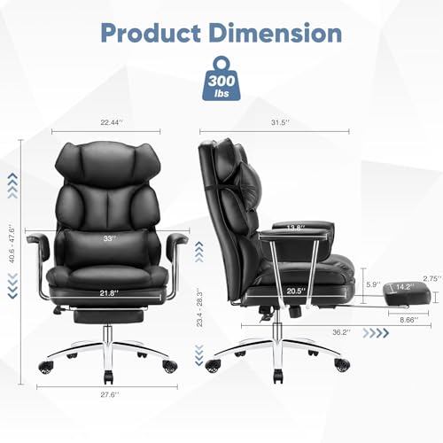 DUMOS Ergonomic Home Office Desk Chair, Executive Chair, PU Leather | Big Tall High Back, Lumbar Support, Reclining Height Adjustable, Computer Gaming, Footrest Swivel Wheels, Black - color: Black