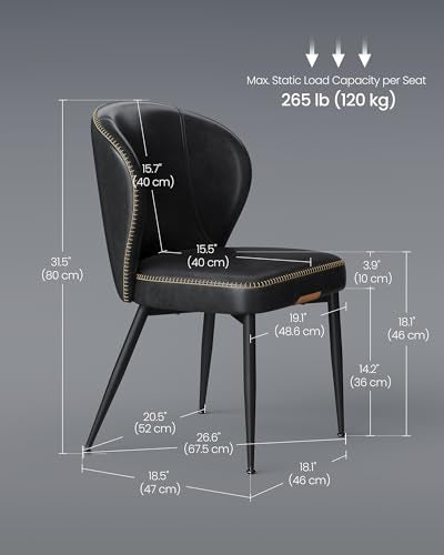 VASAGLE Dining Chairs Set of 2, Upholstered Kitchen Chairs | Synthetic Leather with Stitching, Mid-Century Modern, Easy Assembly, Living Room Lounge, Ink Black - color: Ink Black, size: Set of 2, style: Without Storage