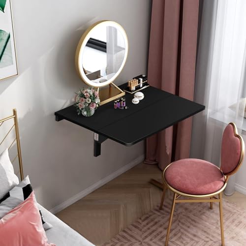 Wall Mounted Folding Table, 31.5’’ x 23.5’’ Wood Floating Desk for Laptop, Study & Dining in Balcony, Bedroom, Bathroom, Kitchen, Drop-Leaf Wall Desk Fold Down for Small Spaces (Black)