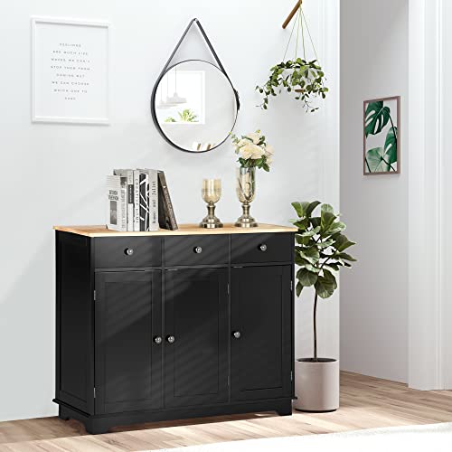 HOMCOM Sideboard Buffet Cabinet Solid Wood Countertop Black | Modern Kitchen Storage, Coffee Bar Cabinet, 3 Drawers, Doors, Adjustable Shelf - color: Black, size: 39.75" x 15.75" x 33.5"