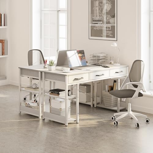 ODK Office Small Computer Desk: Home Table with Fabric Drawers & Storage Shelves, Modern Writing Desk, White, 48"x16"