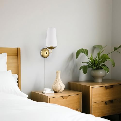Moose Gold Wall Sconces Set of Two Linen Shade Plug in Wall Lamp | Modern Brass Wall Lighting with Fabric Shade for Bedroom, Living Room, Dining Room, Entryway - color: Gold, size: 2-Pack | 1-Light