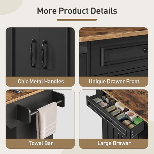 Kitchen Island with Power Outlets & Drop Leaf, Rolling Kitchen Cart on Wheels, Kitchen Storage Island with Spice Rack and Drawer for Kitchen, Dinning Room, Black and Rustic Brown - color: Black + Rustic Brown