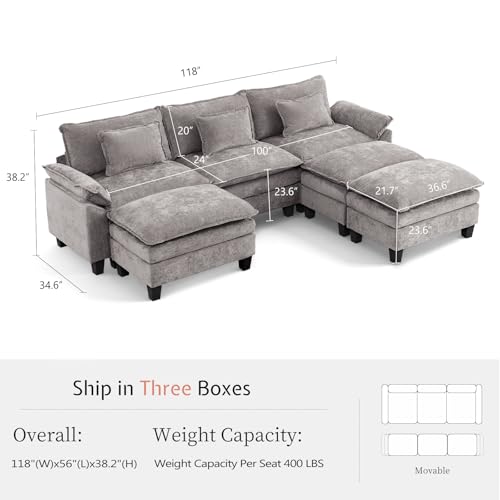 118" Modular Sectional Sofa with Storage, Comfy Cloud Couch Sleeper | Chaise Lounge, Deep Seat, Moveable Ottoman, Throw Pillows, Cloud Comfort Couches for Living Room Bedroom, Chenille Grey - color: Grey, size: 118"- 6 Seat