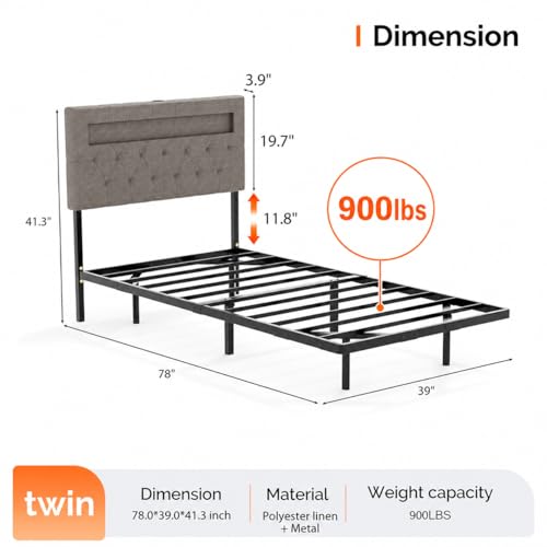 VINGLI Twin Floating Bed Frame with Headboard Heavy Duty Metal Frame, Storage Shelf, LED Lights Charging Station, Modern Platform Bed, Adjustable Headboard, No Box Spring Needed, Grey - color: Grey, size: Twin
