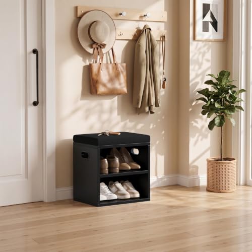 2 Tier Small Shoe Storage Bench Black US-FHXD01B | hold up to 4 pairs of shoes, with Adjustable Middle Shelf, Padded Seat Cushion,cut-out handle - color: Black