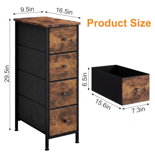 Fixwal Narrow Storage Cabinet, Slim Dresser with 4 Drawers, Rustic Brown | 9.5in width, sturdy & stable structure, solid steel frame, wooden top, suitable for bedroom, bathroom & laundry room - color: Rustic Brown, size: 16.5"D x 9.5"W x 29.5"H (4 Drawers