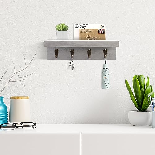 HRONRAD Rustic Key Holder for Wall, Farmhouse Wall Shelf with 4 Hooks, Wall Mounted Key Racks, Wooden Mail Organizer with Hooks for Entryway (Grey) - color: Gray