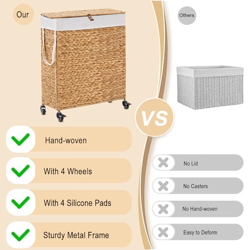 Rolling Laundry Hamper with Lid and Wheels, Slim Laundry Basket with Removable Liner Bag & 2 Mesh Bags, Handwoven Water Hyacinth Clothes Hamper for Bedroom Bathroom (Natural, 85L) - color: Natural/With Lid/85L