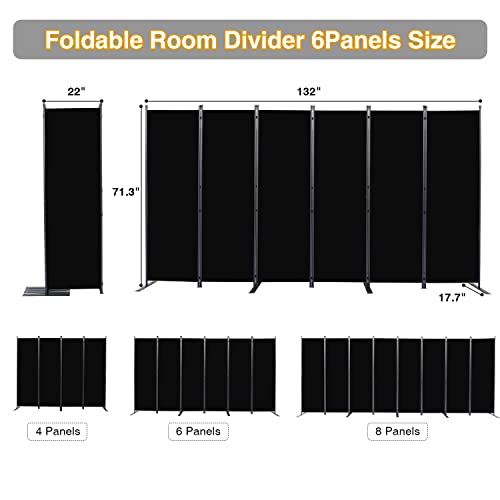Room Divider, 6 Panel Folding Privacy Screens with Wider Feet, Black | 132" W X 71" H Room Divider Panel, Stable Frame Structure, Flexible Space Separator, Portable wall divider for Room Partition - color: Black, size: 22"- 6 Panel