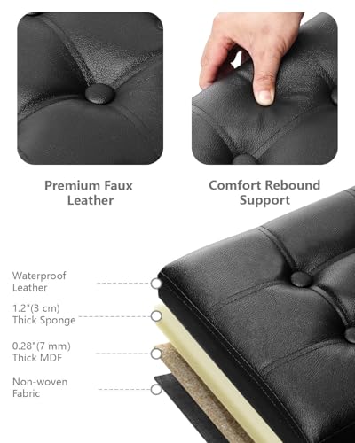 AmasSmile Footrest Ottoman Storage Bench,34" Leather Folding Chest,Black | Large Ottoman with Storage,Thicker Foam Padded Seat,Livingroom,Dorm,Bedroom,Entryway,Easy to install,34 x 13 x 13in - color: Black-leather