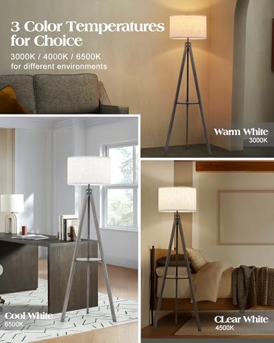 ELYONA Farmhouse Wood Tripod Floor Lamp with Table, Modern Reading Standing Lamp with 3 Color Temperatures LED Blub & Linen Shade, Shlef Coner Light for Living Room, Bedroom, Study Room, Office, Grey - style: Classic