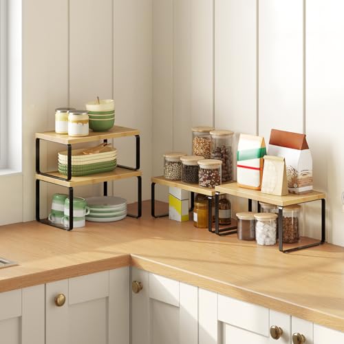 HOOBRO Cabinet Organizer Shelf, Set of 2 Kitchen Counter Shelves, Expandable Kitchen Storage, Stackable Bamboo Spice Rack, for Kitchen, Countertop, Office Desk, Bathroom, Natural and Black YB30TL01 - color: Natural, Black