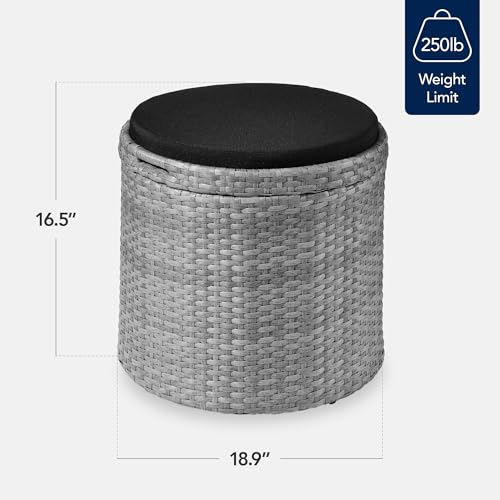 Best Choice Products Round Wicker Ottoman, Multipurpose Outdoor Furniture for Patio, Backyard, Additional Seating, Footrest, Side Table w/Storage, Removable Cushions – Gray/Black - color: Gray/Black
