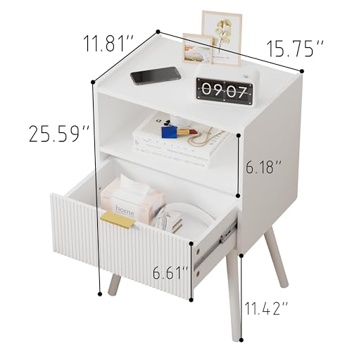 White Nightstand,Modern Bedside Table with Storage Drawer and Open Wood Shelf, for Living Room, Bedroom and Small Spaces, Accent Night Stand with Solid Wood Legs, Easy Assembly,Classic White - color: White