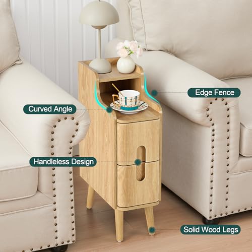 Small Nightstand Set of 2, Wood 2 Drawer Narrow Nightstand, Slim Side Table, Modern Skinny End Bedside Table, Natural Wood Night Stand with Drawers for Bedroom (Natural-2 pcs) - color: Natural-2 Pcs