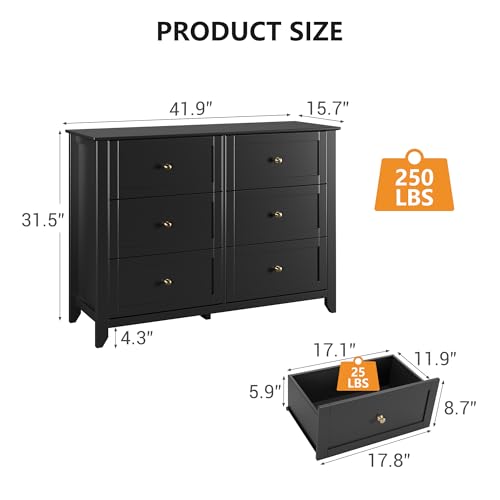IDEALHOUSE 6 Chest of Drawers for Bedroom, Modern Black Drawer Dresser | Simply 6 Drawer Dresser for Hallway Entryway, 15.8"D x 41.7"W x 31.5"H, Lacquered Storage Organizer for Living Room - color: Black, size: 15.8"D x 41.9"W x 31.5"H (6 Drawers)