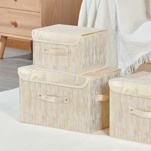 2PCS Storage Boxes with Lids Luxury Metallic Fabric Bins Baskets | Decorative Collapsible Stackable, Clothes Container Organizer with Handles for Shelf Closet Home Bedroom Office, Gold, Large - size: Large (Set of 2)
