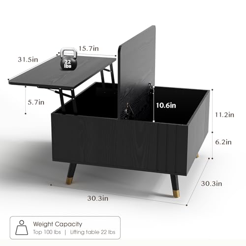 JOINICE Black Lift Top Coffee Table with Storage for Living Room,Square | 32" Multi-functional Pop Up Center Table,Large Hidden Compartments with Solid Wood Legs,Lift to 23",Hold 100lbs,Easy Assembly - color: Black_square