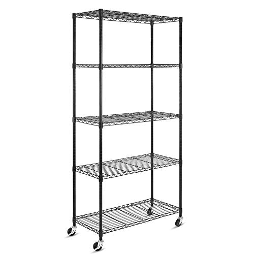 5-Shelf Shelving Units on Wheels Casters, Adjustable Heavy Duty Metal Shelf Wire Storage Rack for Home Office Garage Kitchen Bathroom Organization(16”Wx36”Dx75”H), Black - size: 5Tier 36"W x 16"D x 75"H